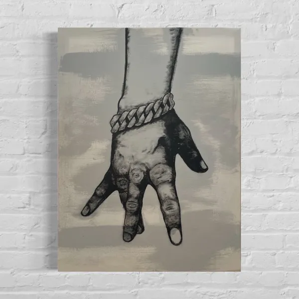 A grey monochrome canvas hung on a whitewashed brick wall, showing a hand hanging down from the top edge with a heavy Cuban link bracelet at the wrist.