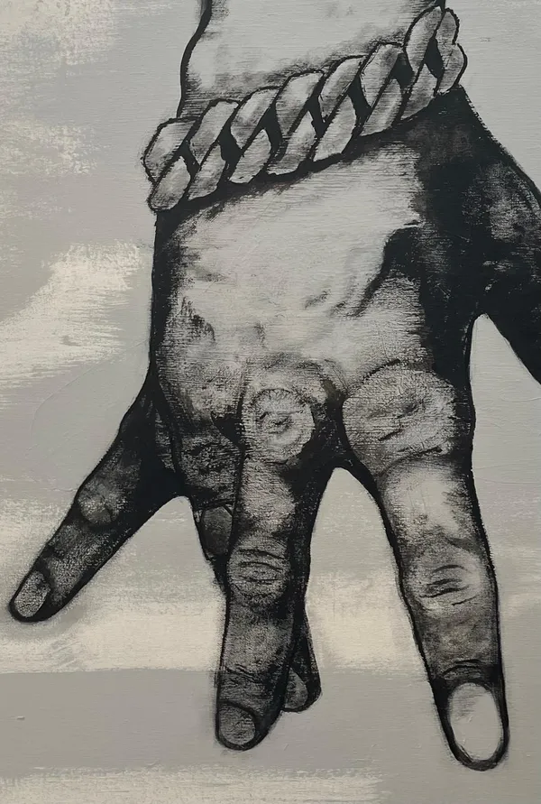 Detail of the painting: the Cuban link bracelet picked out in white and grey, above the loose fingers of a hand rendered in smudged black and grey against a pale grey ground.