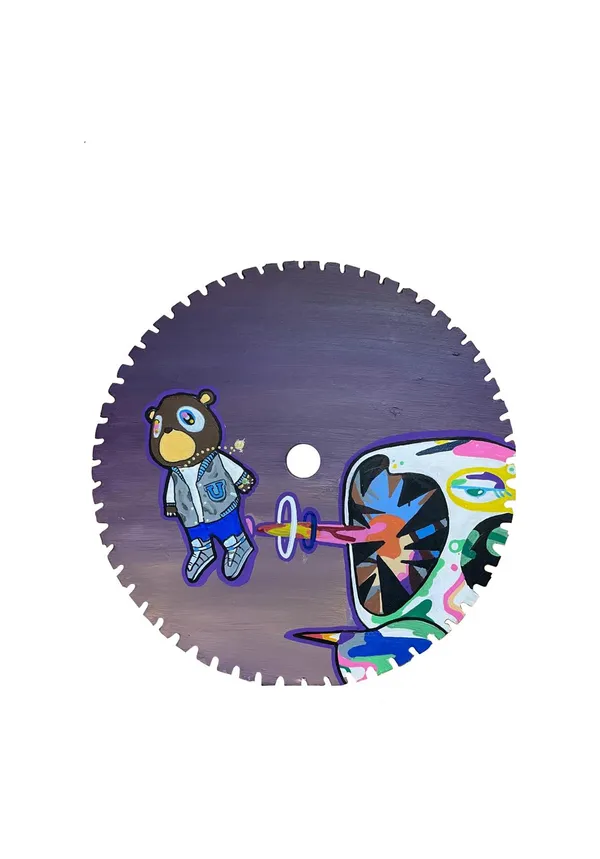 A toothed saw blade painted purple. On the left, a cartoon bear in a grey varsity jacket and blue shorts; on the right, a multicoloured face with a wide open mouth. A barbell-like rod joins them across the blade's centre hole.