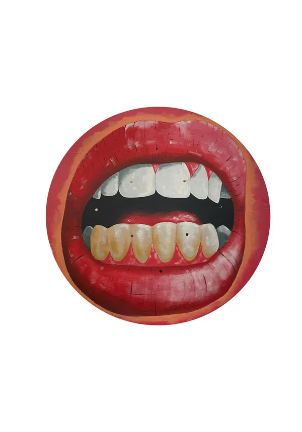 A circular saw blade painted as a wide-open mouth: red lips ringed in orange, white upper teeth and yellowed lower teeth against a black interior.