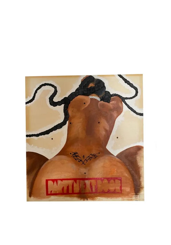 A painting on a cream ground of a figure's bare back seen from below: long black braids swing out to either side, a silver chain sits at the nape, a black tribal tattoo spans the shoulder blades, and a red stencilled bar of illegible lettering is stamped across the lower back.