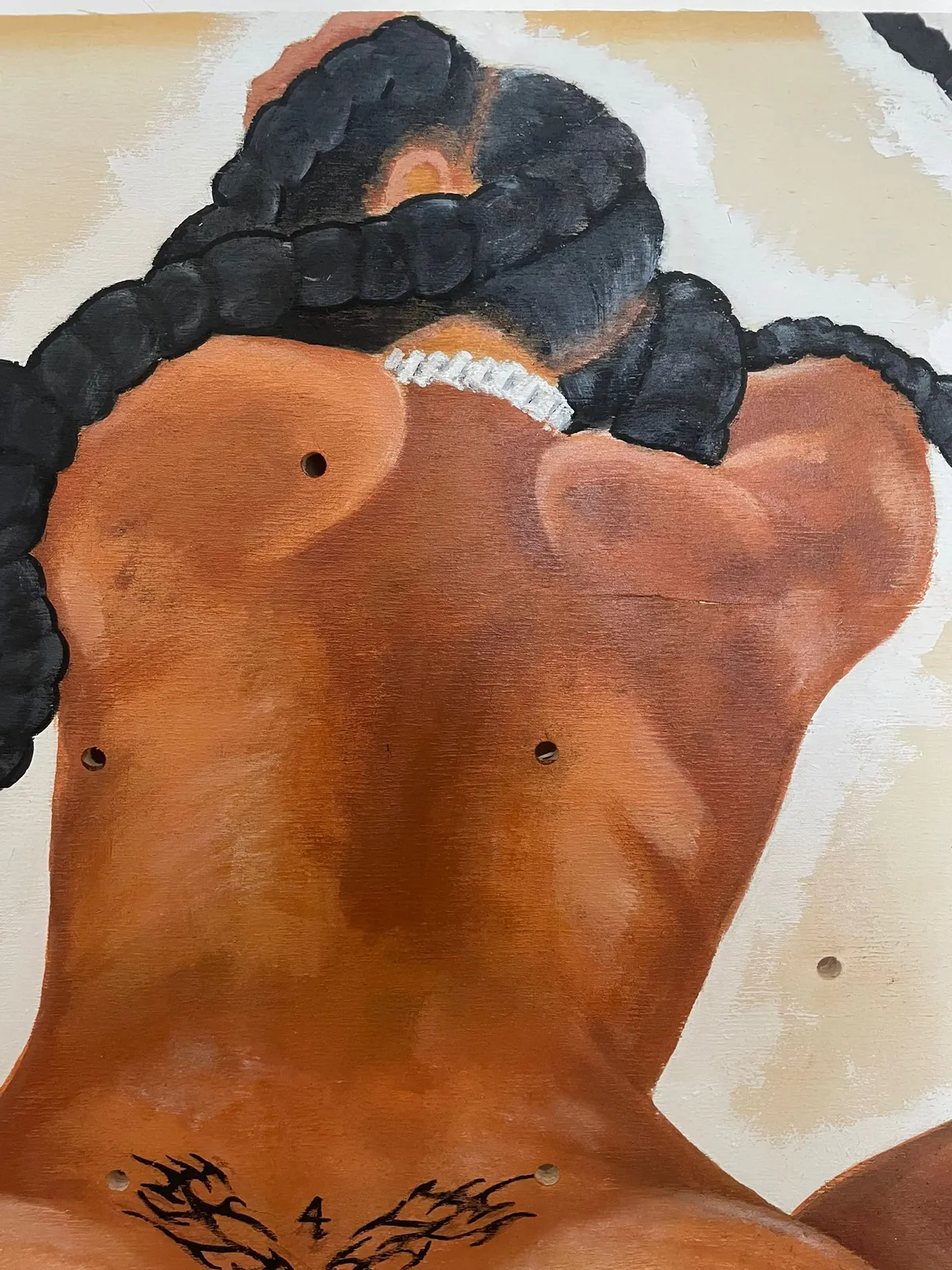 Close view of the same painting, cropped to the shoulders — the braids, the chain, and the black tattoo rendered in thin brushwork over warm brown skin tones.